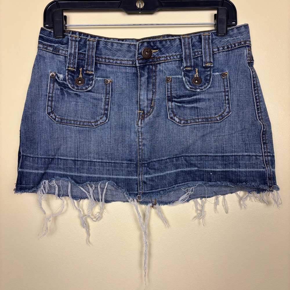 PIAMA Y2K Denim Jean Mini Skirt Size 7 Blue Raw Hem Low Rise 90s 00s‎